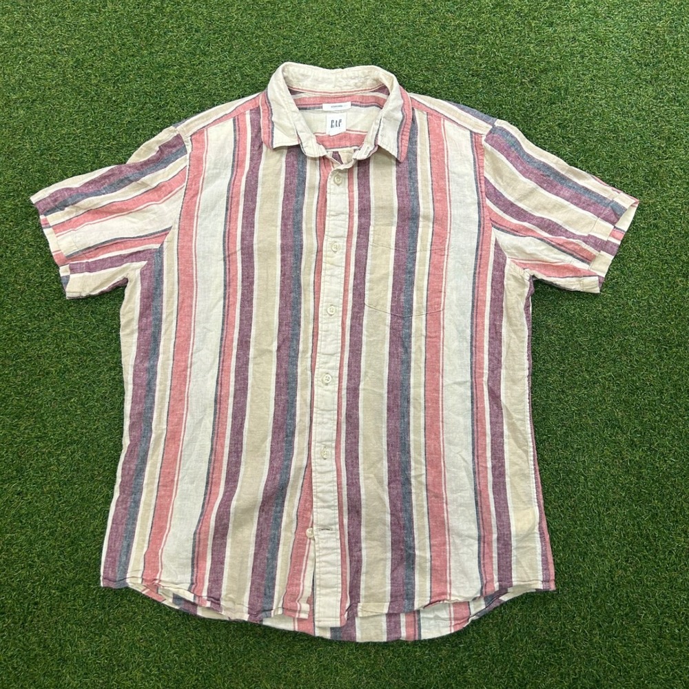GAP Mens Short Sleeve Button Down Shirt Multi Color Vertical Stripe Standard L